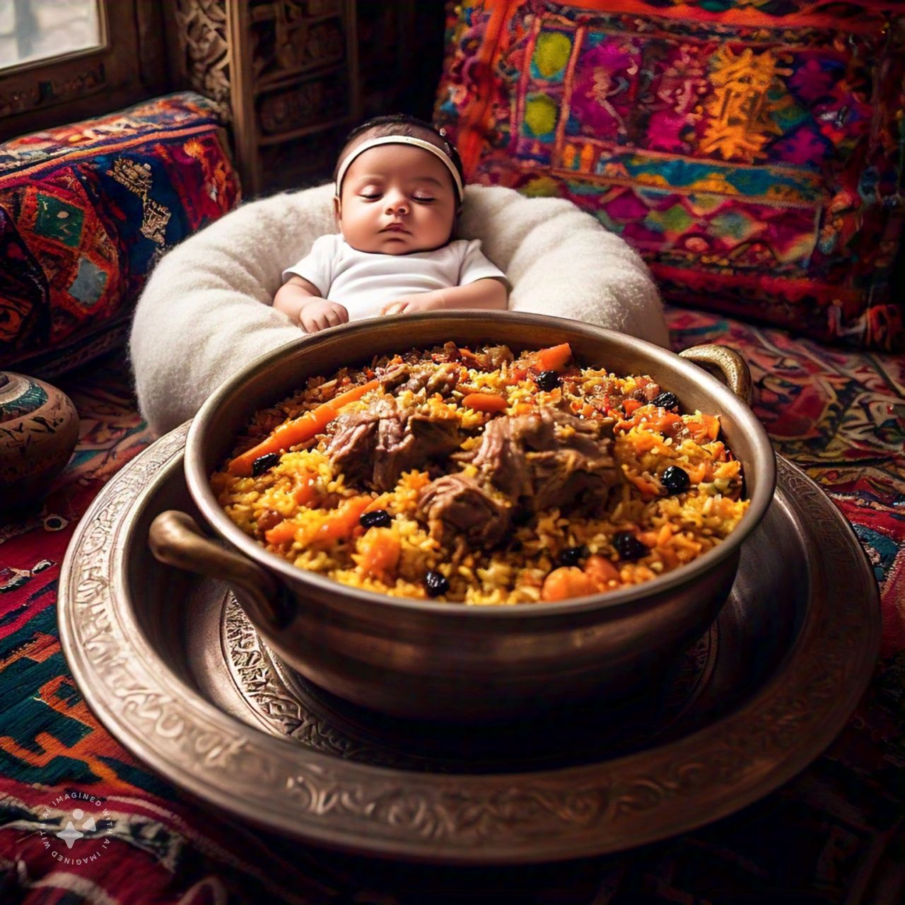 Sleeping Baby with a dish of Qabili Palaw
