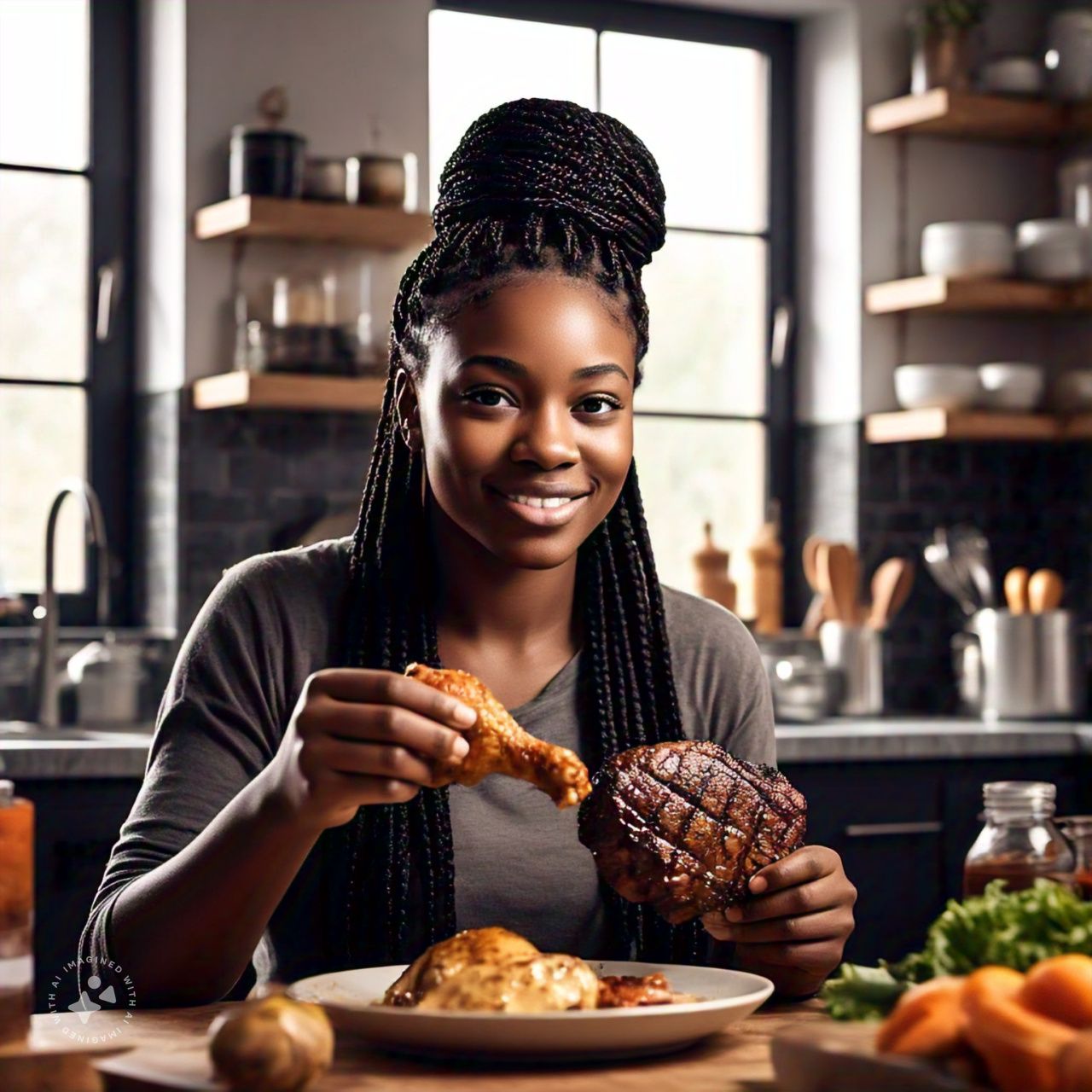 black girl sitting at a table with chicken and steak