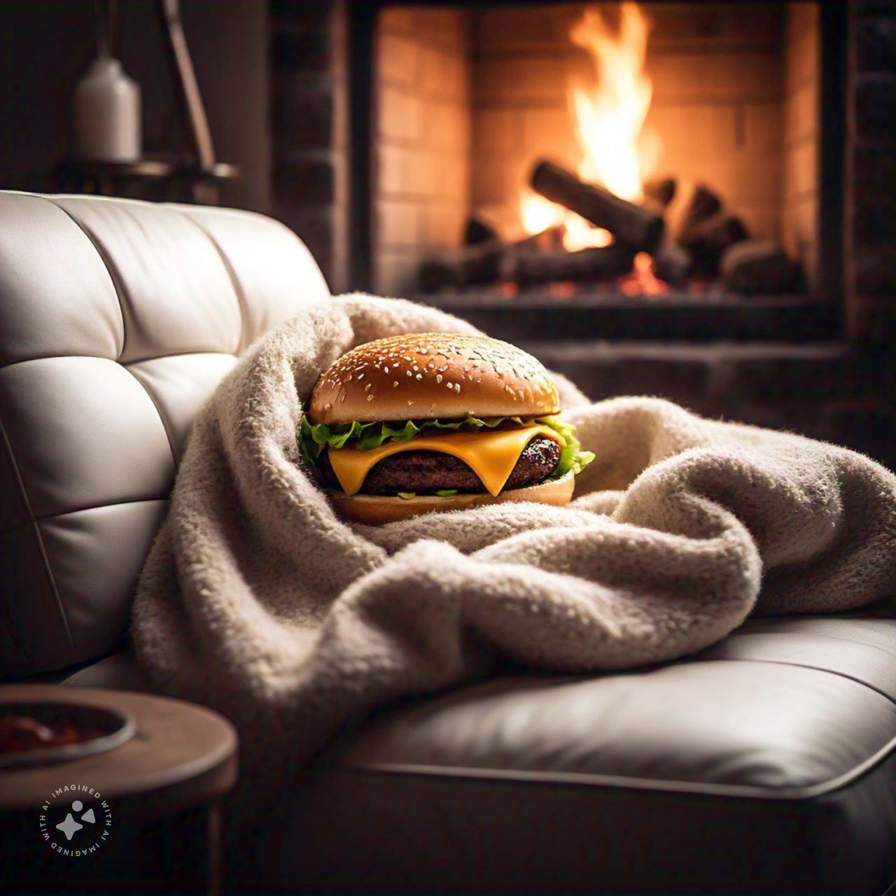 burger in a cozy blanket next to a fire place