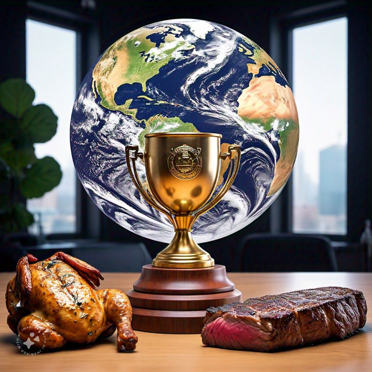 chicken, steak, globe and trophy