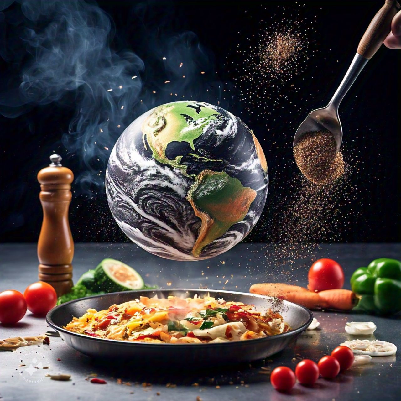 globe floating over a pan of food.
