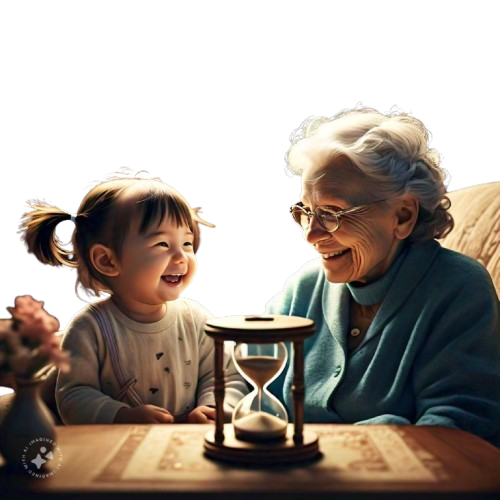 Grandma with Child and hourglass infront