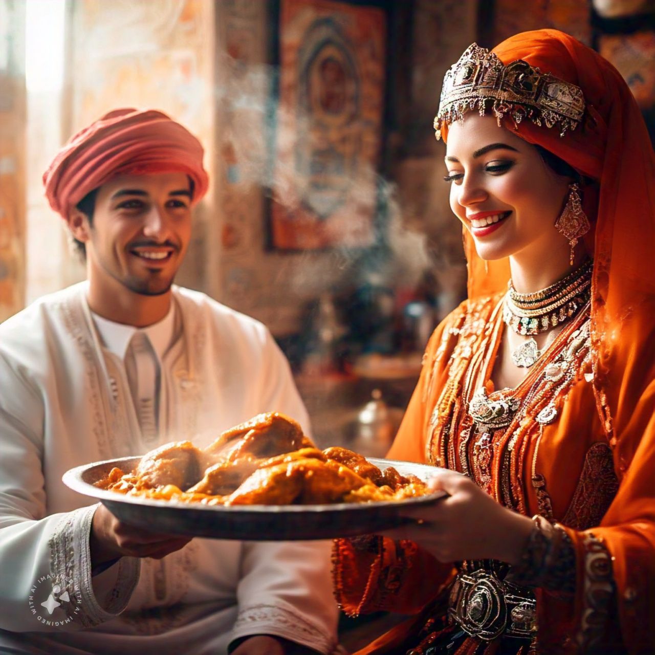 Moroccan bride serving Tagine to groom