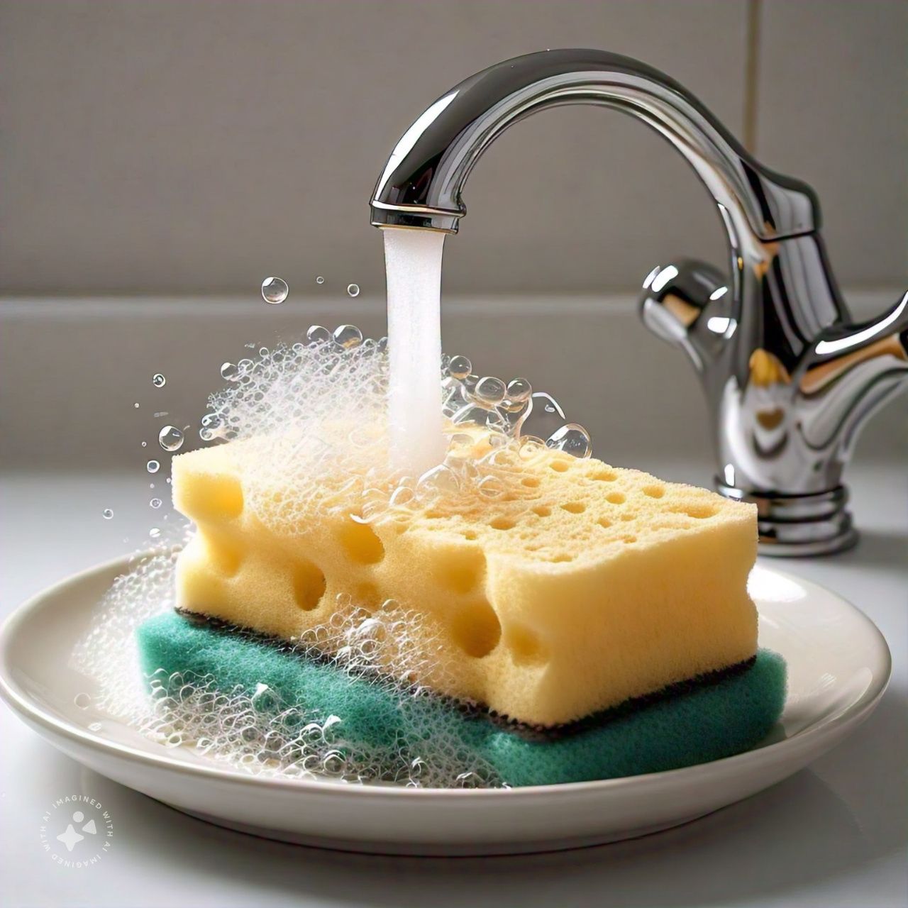 Tap pouring water ontop of a soapy sponge